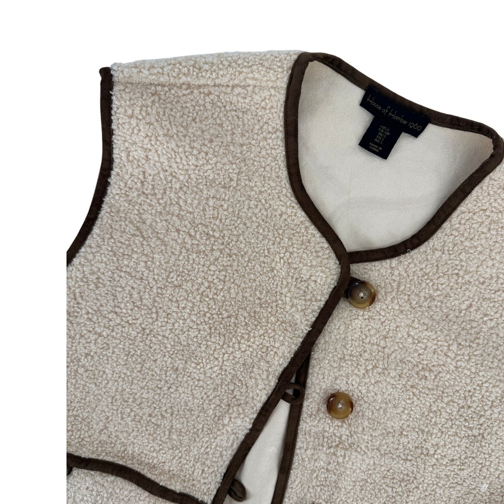 House of Harlow 1960 S Cream Sherpa Vest Brown Trim Cabincore Faux Shearling
